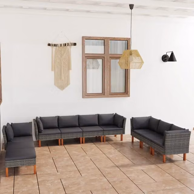 Set Divani da Giardino 10 pz con Cuscini in Polyrattan Grigio 3059723