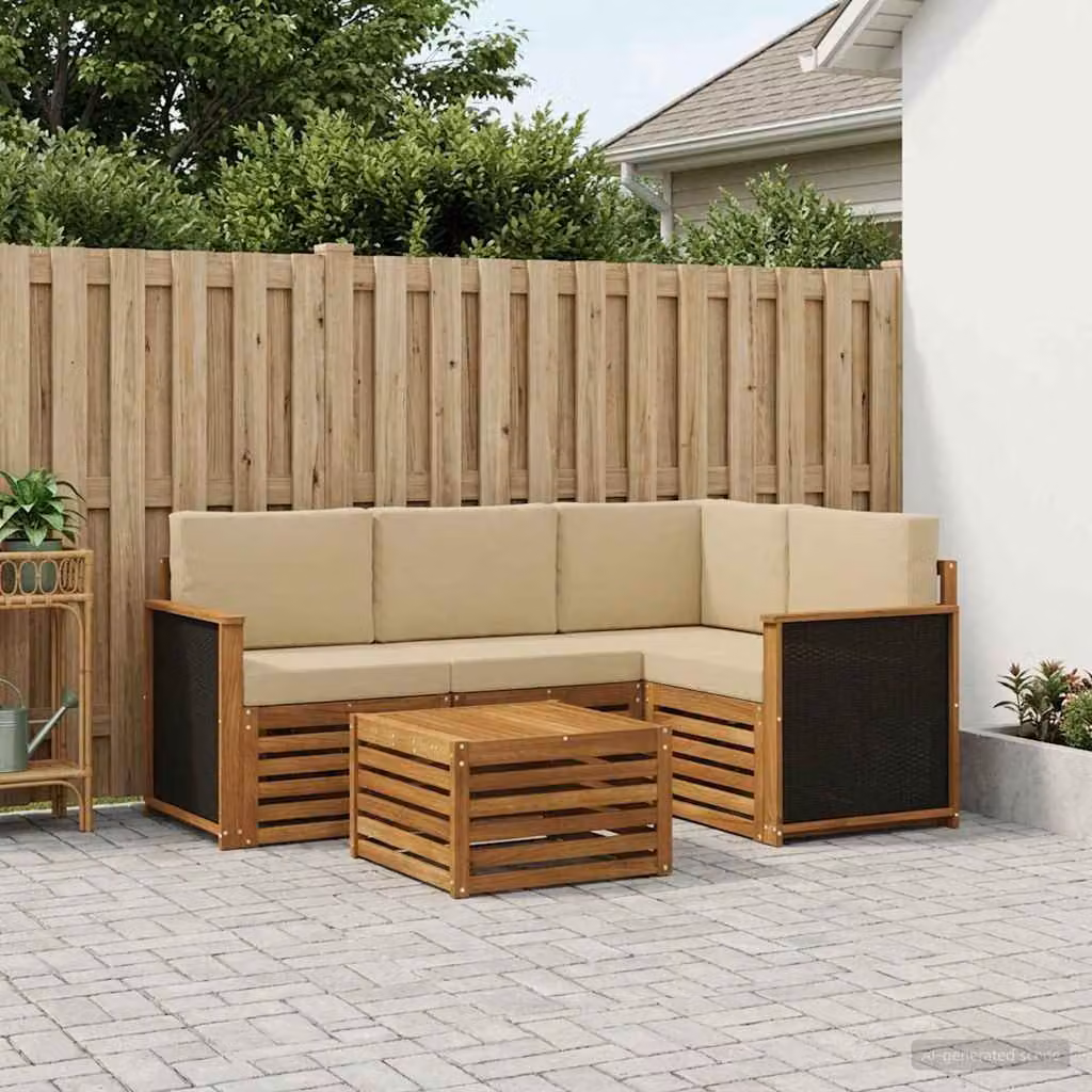 Set di divani da esterno vidaXL a forma di L con tavolo da caffè, struttura in legno di acacia e cuscini beige e marrone
