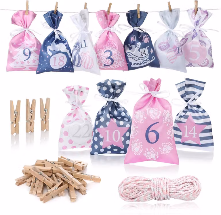 Calendario dell'Avvento in tessuto da riempire - Set di 24 sacchetti in tessuto, ideali per creare un calendario di Natale personalizzato per bambini, ragazze e donne