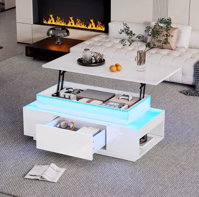 Tavolino da salotto ULEVR 96x45x40 cm con piano sollevabile idraulico, LED USB, vano nascosto e cassetto bianco