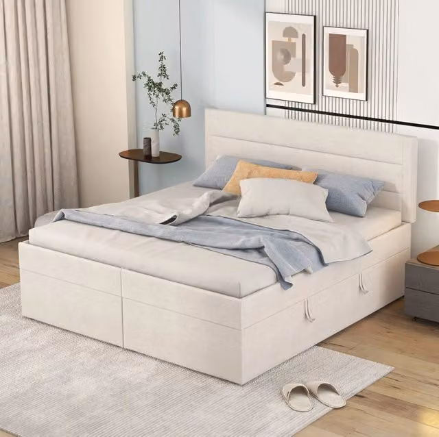 Letto matrimoniale imbottito con contenitore e rete sollevabile 140x200 cm; beige