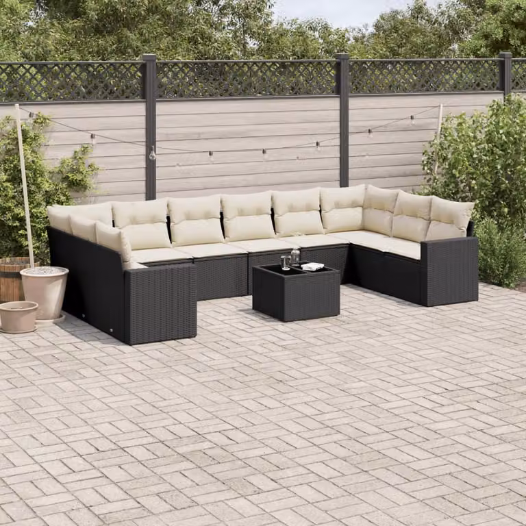 vidaXL Set Divani da Giardino 11 pz a Forma L con Cuscini, Polyrattan e Metallo, Nero e Bianco