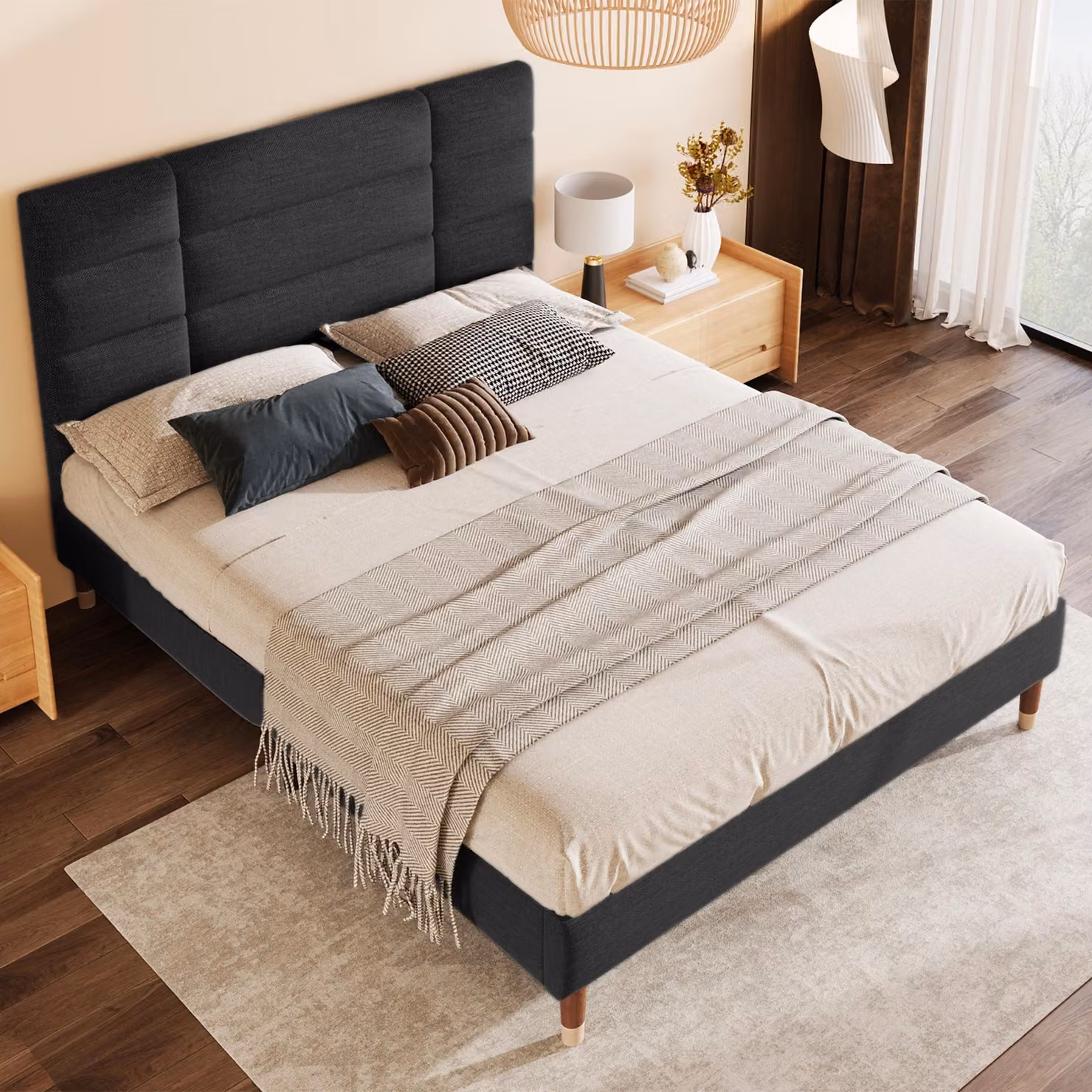 Letto imbottito 140x200 cm con rete a doghe, rivestito in lino, testiera imbottita di 8 cm, altezza da terra di 17 cm, struttura in acciaio, colore nero