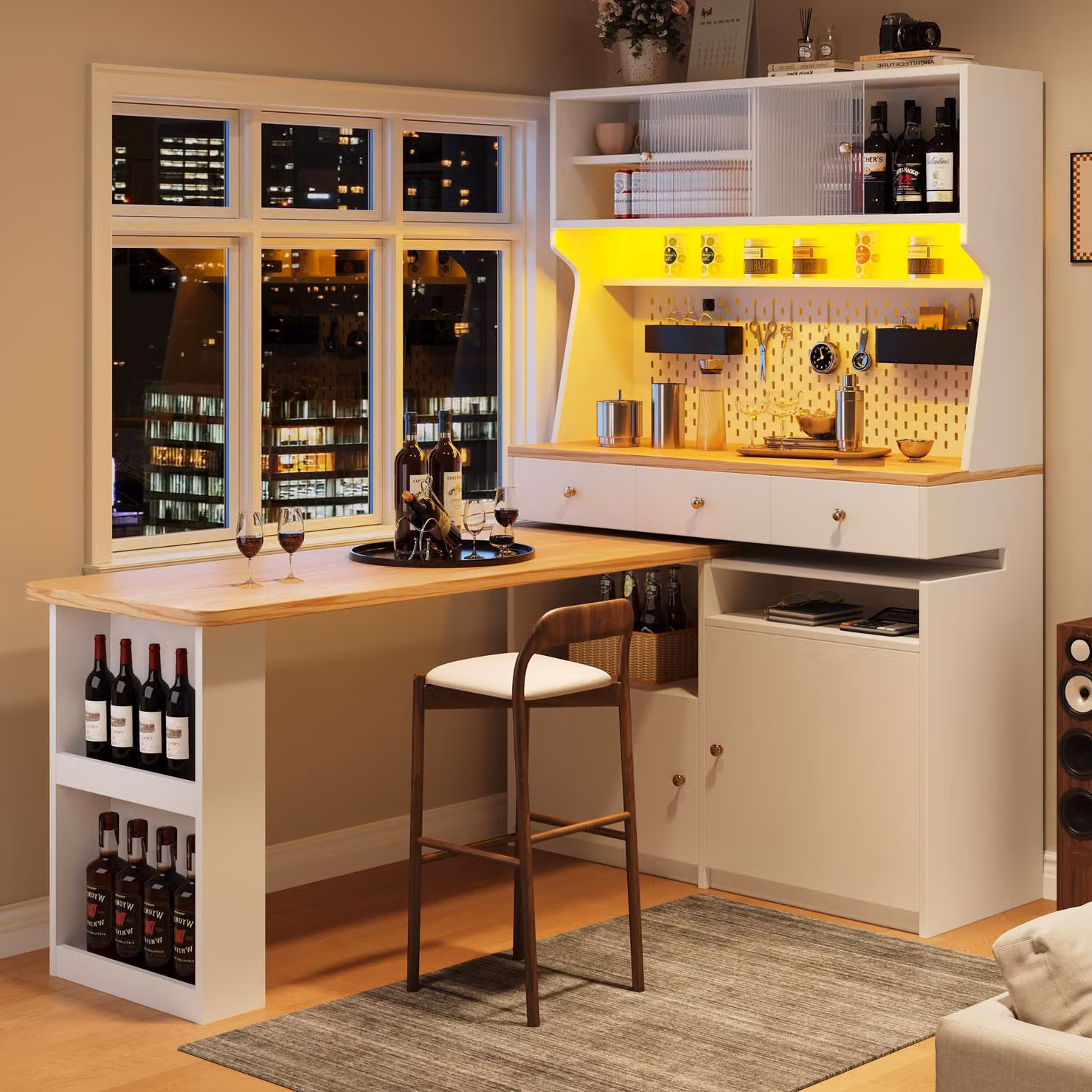 Mobile da cucina STILVORA con due ante scorrevoli in acrilico e tre cassetti, mobiletto da cucina alto con illuminazione a LED, pannello di controllo e ripiani aperti, colore bianco
