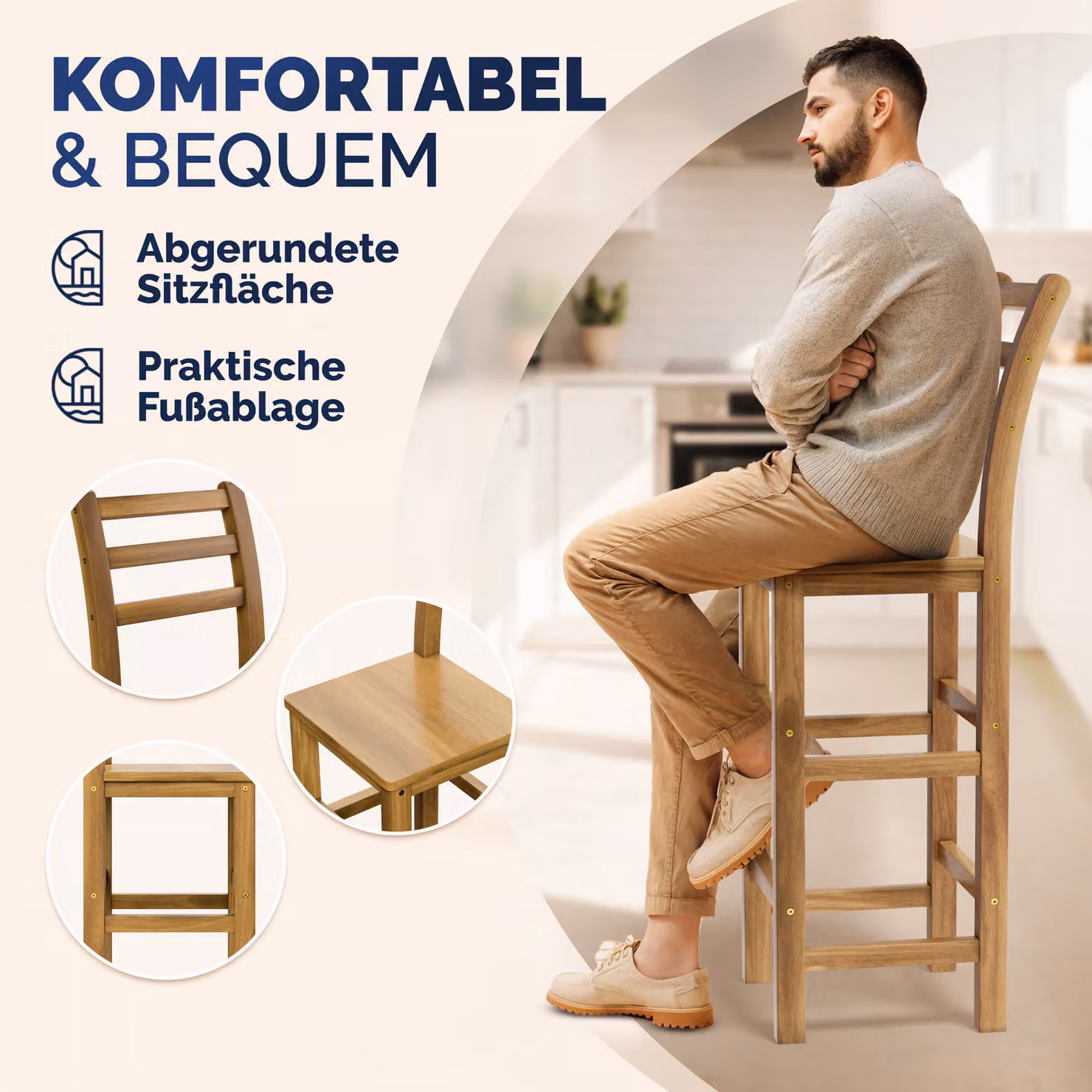 Set di 2 sgabelli da bar Casaria in legno di acacia color marrone con schienale L 40,5 cm x P 36 cm x H 110 cm – 3