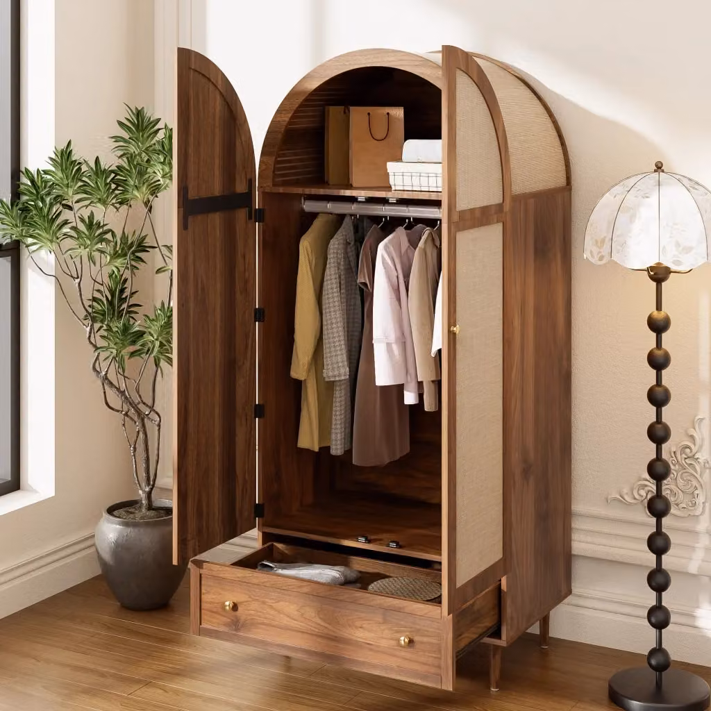 Armadio moderno per camera da letto in MDF noce con ante in tessuto, cassetti, asta appendiabiti e ripiani, L: 79 cm, P: 50 cm, H: 175 cm – 2
