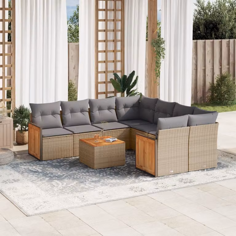 vidaXL Set Divano da Giardino a L 9 pz con Cuscini Beige e Tavolino, Design Moderno in Polyrattan e Acciaio con Struttura in Legno di Acacia
