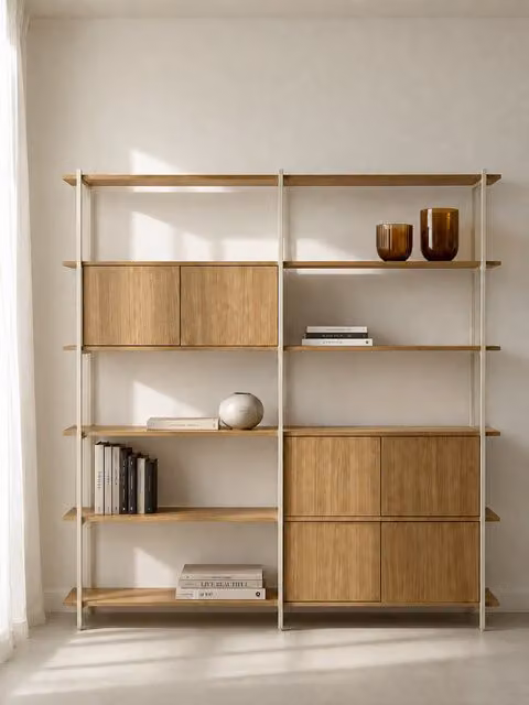 Libreria doppia alta Darel Kenay Home in legno e metallo, colore bianco naturale, Altezza: 196 cm