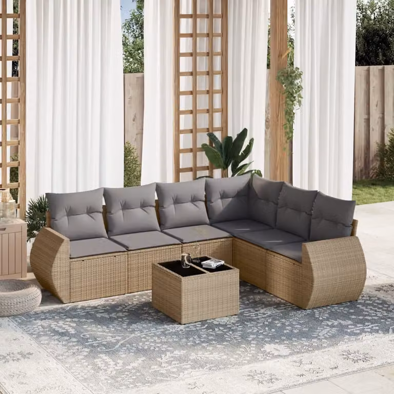 vidaXL Set Divani da Giardino 7 pz a Forma a L con Cuscini Beige e Tavolino in Polyrattan e Acciaio
