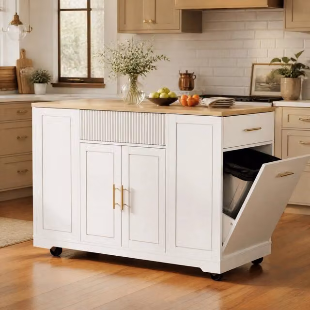 Isola da cucina mobile 120x50x92 cm in MDF bianco con 2 ante e cassetti