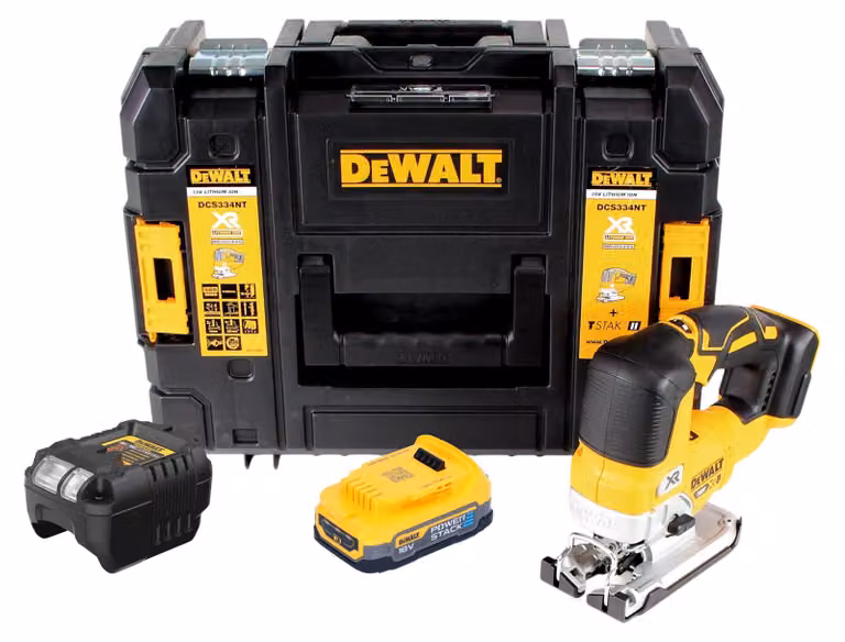 Seghetto alternativo a pendolo DeWalt DCS 334 E1T a batteria 18 V senza spazzole + 1x batteria Powerstack 1,7 Ah + caricabatterie + TSTAK
