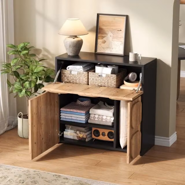 Madia a 4 vani in legno ingegnerizzato effetto legno naturale e nero per soggiorno 79.6 × 34.8 × 81.5 cm