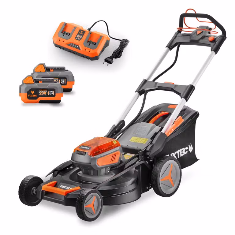 FUXTEC Tagliaerba a batteria 40V (2x20V) E2RM51 semovente, Mulching e Scarico Laterale - Set Batterie 2x4Ah e Caricabatterie - Larghezza di Taglio 51cm, 50L, Altezza di Taglio 30-90mm
