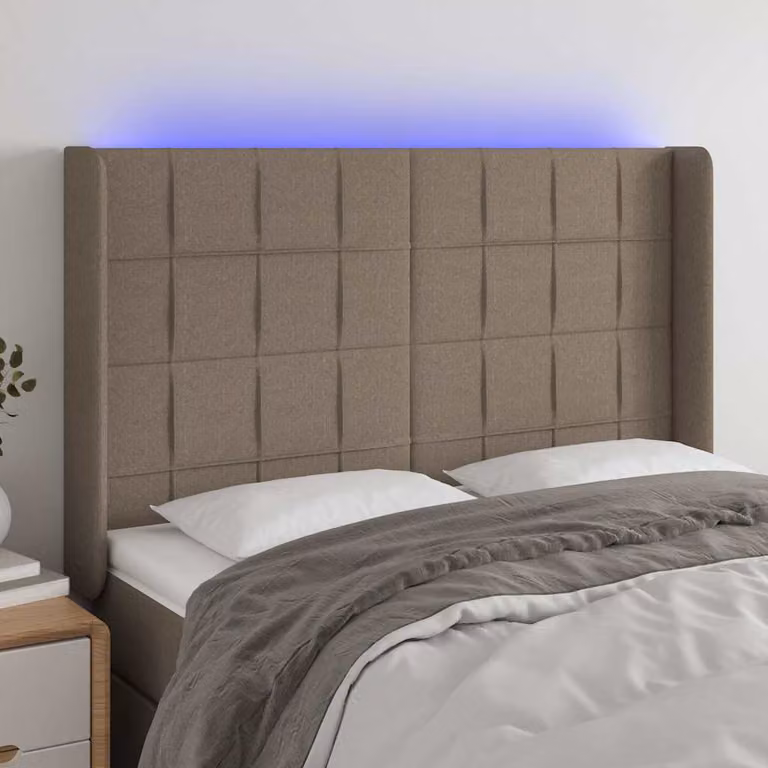 Testiera con LED e porta USB vidaXL in tessuto beige/grigio, L: 147 cm, P: 16 cm, H: 118-128 cm