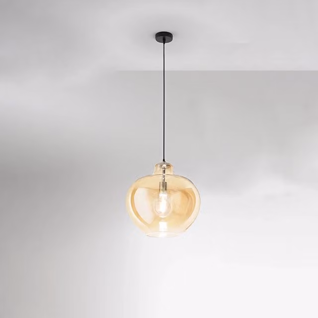 Lampada a sospensione moderna Perenz Illumina in metallo cromato e vetro ambra trasparente con attacco E27 e altezza regolabile