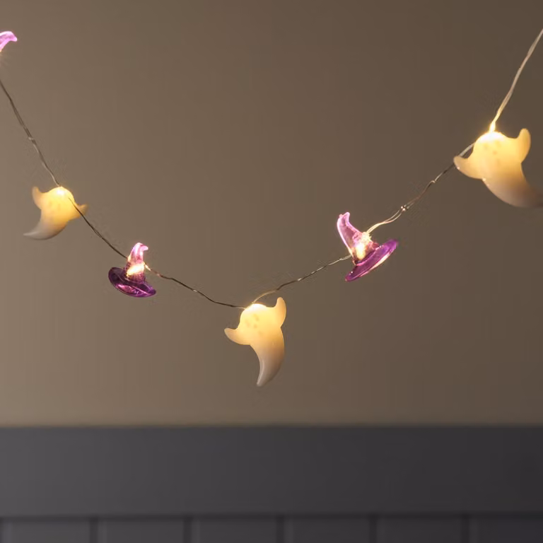 Catena luminosa a tema "mostri" e "cappelli da strega", 20 LED, con timer, lunghezza 1,65 metri