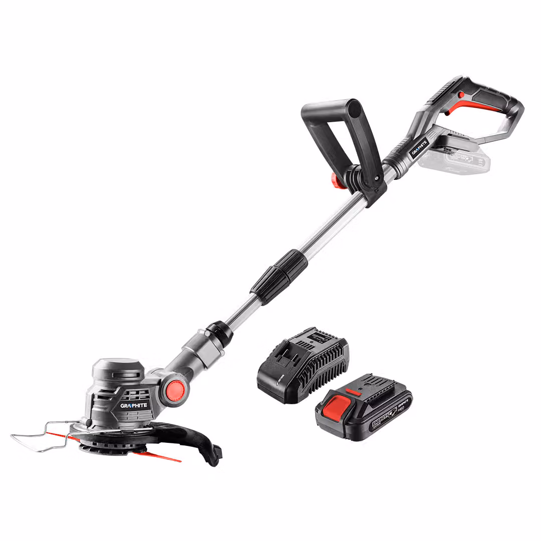 Kit GRAPHITE E+: Trimmer 18V + batteria 2ah + caricabatterie, tagliabordi a batteria velocità 9000 giri/min, larghezza di taglio 254 mm, regolazione lunghezza impugnatura 1,1-1,4 m
