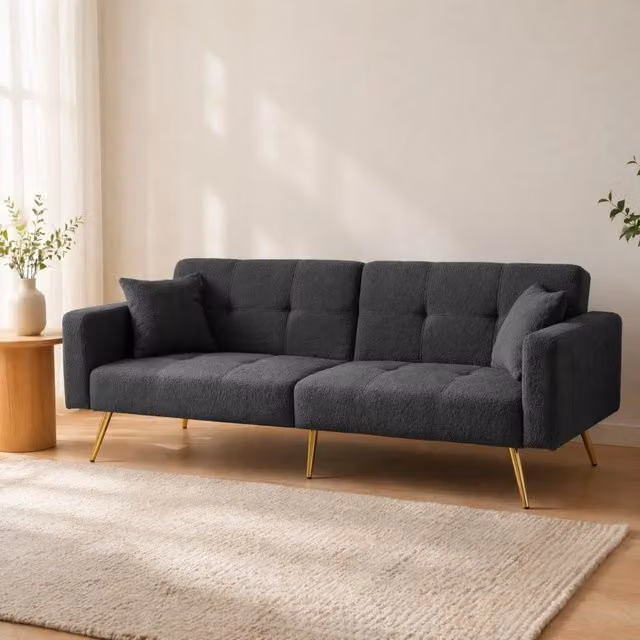 Divano letto convertibile con schienale regolabile, tasche laterali e gambe dorate, 175 cm