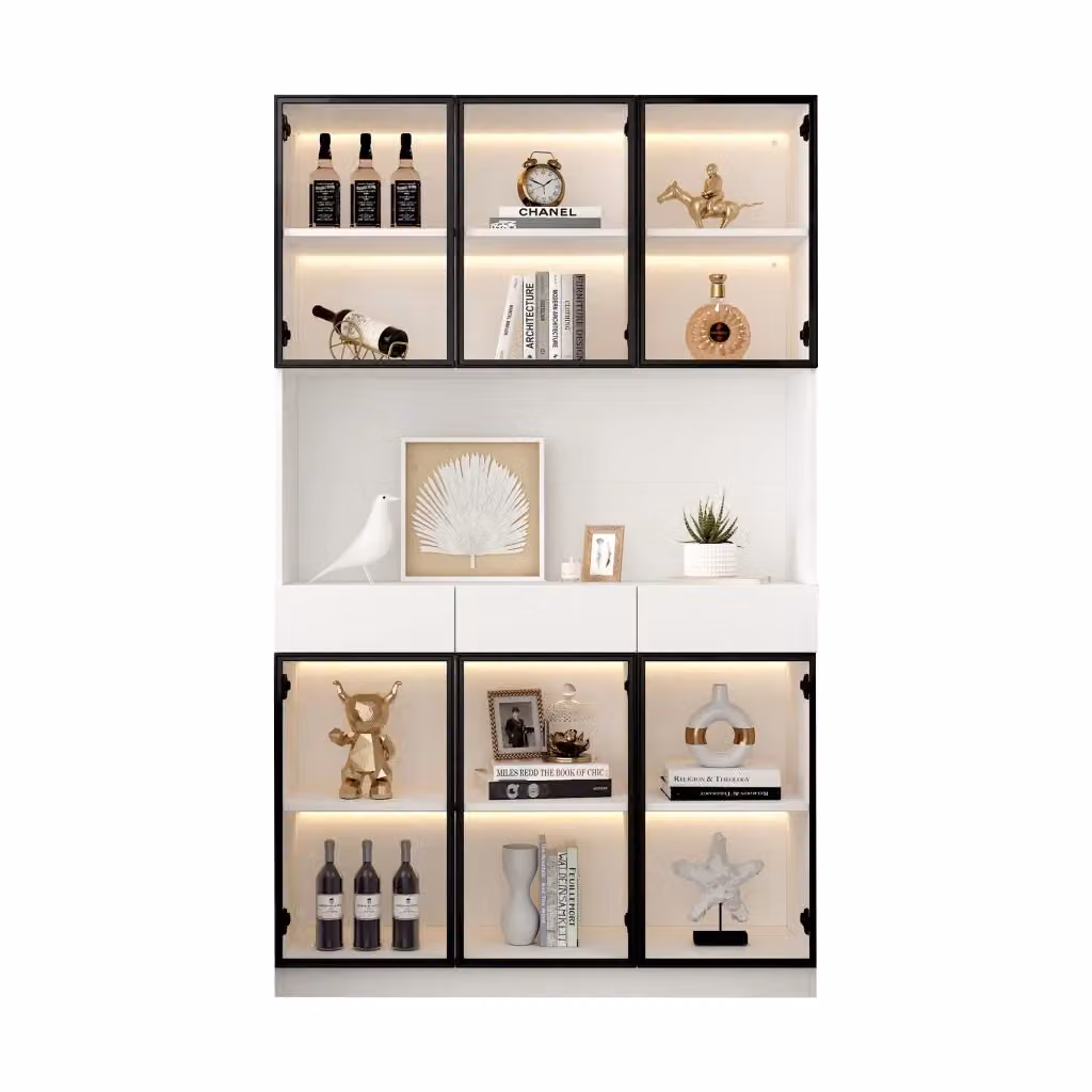 Vetrina alta Chicfurn bianca con 12 ante in vetro, 6 cassetti e illuminazione LED integrata per soggiorno, L: 240 cm, P: 30 cm, H: 200 cm – 2