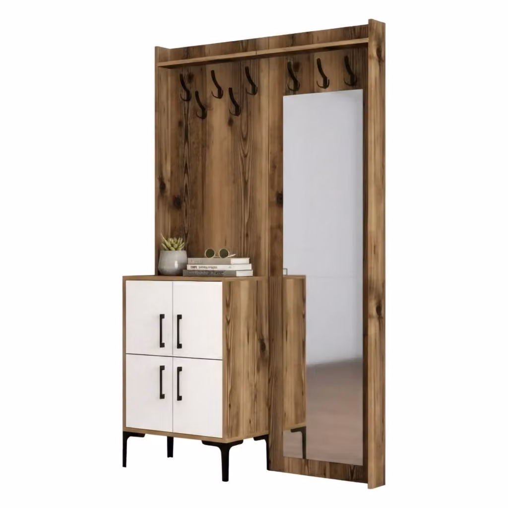 Mobile da ingresso Isidore DMORA, composizione appendiabiti e consolle portaoggetti multifunzione, L: 120 cm, P: 35 cm, H: 200 cm, Noce e Bianco – 2
