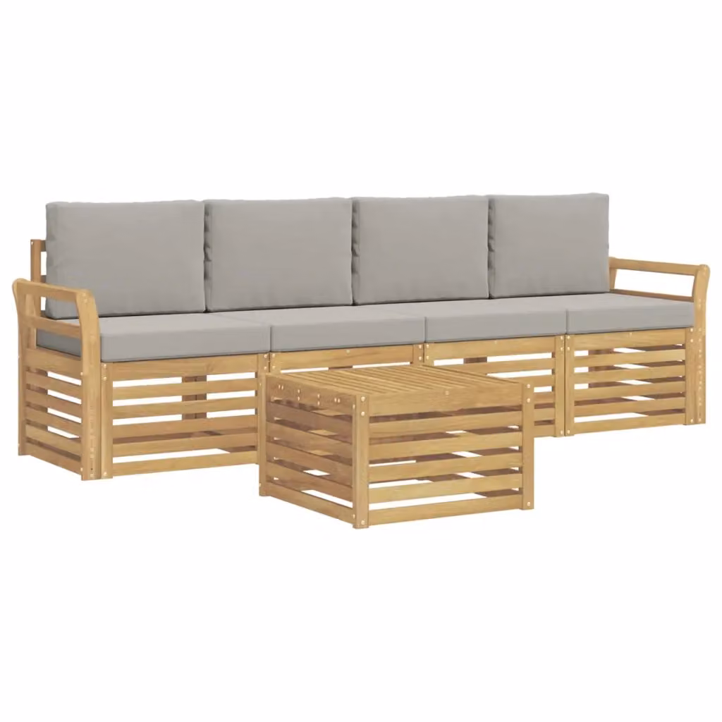 Set da giardino moderno vidaXL composto da 5 pezzi con divano a 3 posti, poltrone e tavolino da caffè in legno di acacia trattato, colore bianco e grigio con cuscini inclusi – 2