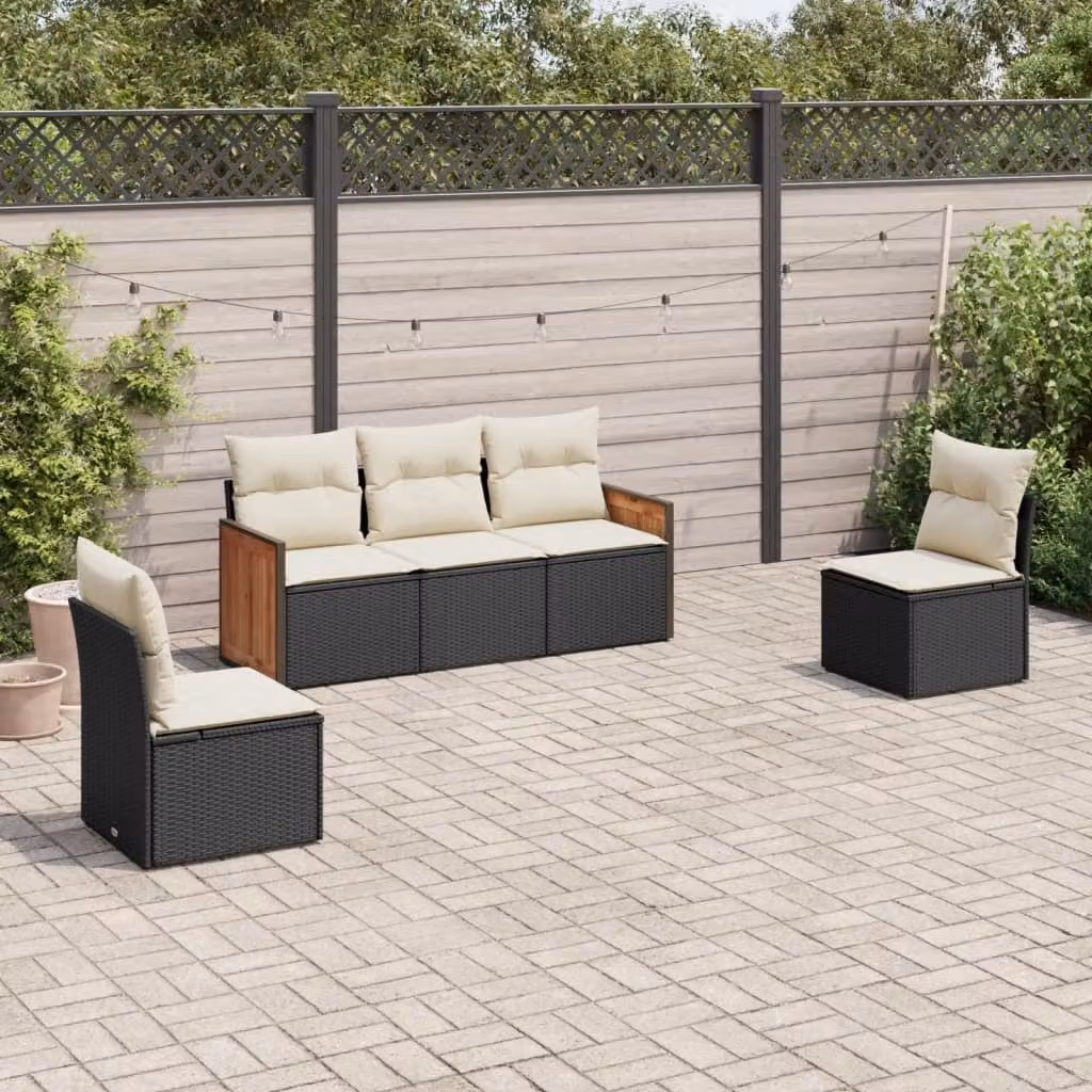 Set di Divani da Giardino vidaXL 5 Pezzi con Cuscini in Polyrattan e Struttura in Acciaio Nero – 1