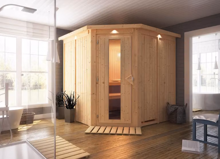 Sauna Karibu Jarin (ingresso angolare), porta in legno con vetro isolante, isolata termicamente, trasparente, stufa da 9 kW con comando integrato