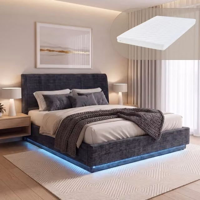 Letto Matrimoniale Contenitore Tröstiar en.casa con Materasso e Luce LED Effetto Lino Blu L/P/H: 160 x 200 cm