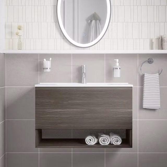 Mobile sospeso da bagno Sauris con cassetto e vano a giorno, rovere scuro, larghezza: 80 cm
