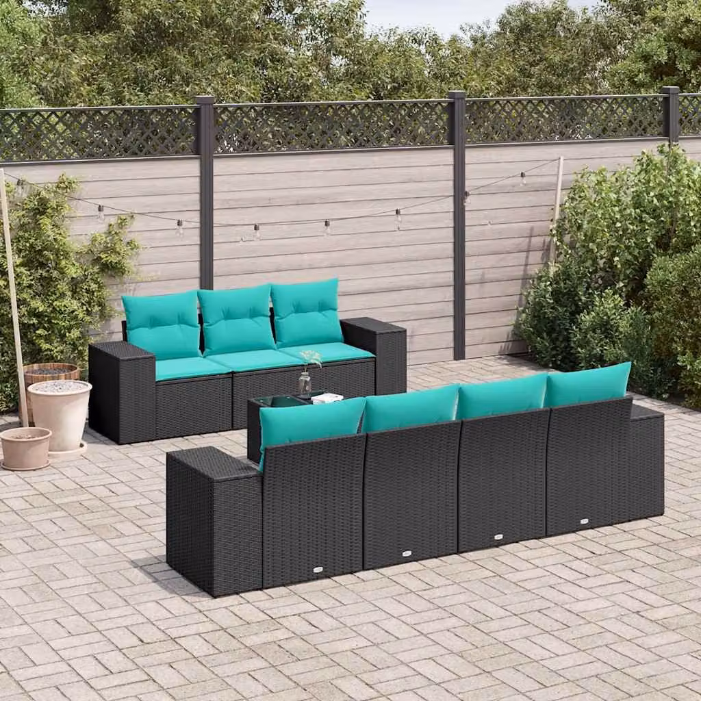 Set da giardino vidaXL in polyrattan nero composto da 8 pezzi con cuscini e tavolino da esterno