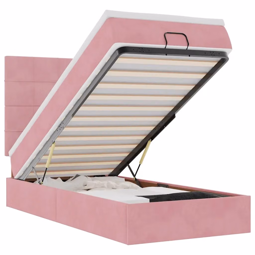 Letto con contenitore a sollevamento vidaXL in velluto rosa e bianco con illuminazione sottostante e porta USB L/P/H: 90 x 190 x 128 cm – 2
