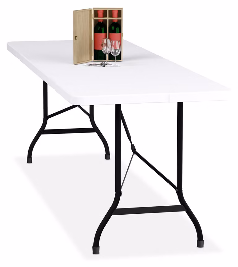 Tavolo da giardino Relaxdays, pieghevole, L x P x A: 75 x 220 x 68 cm, plastica, acciaio, tavolo pieghevole resistente alle intemperie, tavolo da esterno, bianco