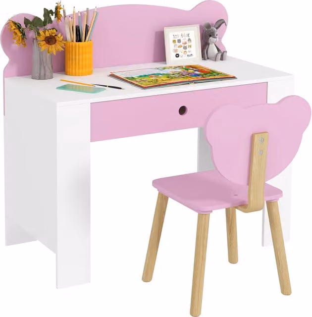 Set scrivania e sedia per bambini Xylo rosa e bianca con cassetto a forma di orso
