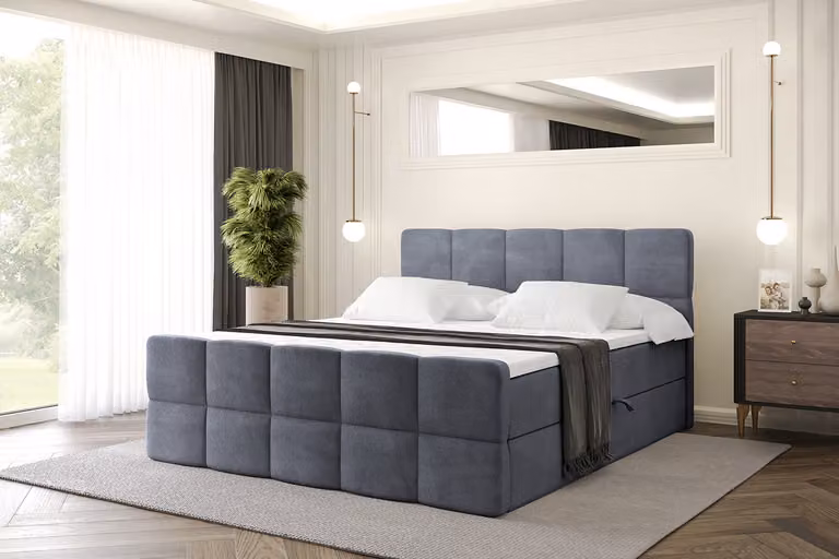 Letto boxspring ALTDECOR con materasso e rete a doghe, topper, letto imbottito con contenitore, letto con spazio contenitivo e materasso H3, letto matrimoniale, letto a cassettoni - LIRO-Z - 160x200 - Grigio scuro Casablanca