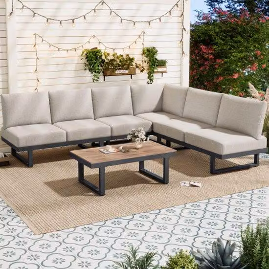 Set di mobili da giardino, set di lettini da giardino, panca angolare, lettino da esterno, tavolino da salotto, trasformabile in lettino prendisole, acciaio zincato, grigio