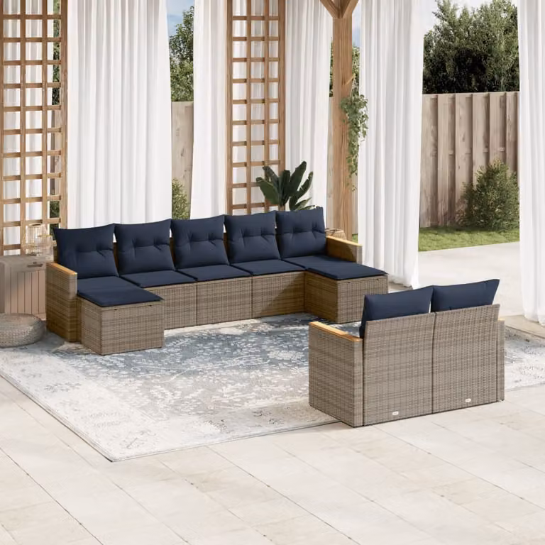 Set di divani da giardino vidaXL a forma di U composto da 9 pezzi con cuscini grigi e blu in rattan e struttura in metallo resistente ai raggi UV