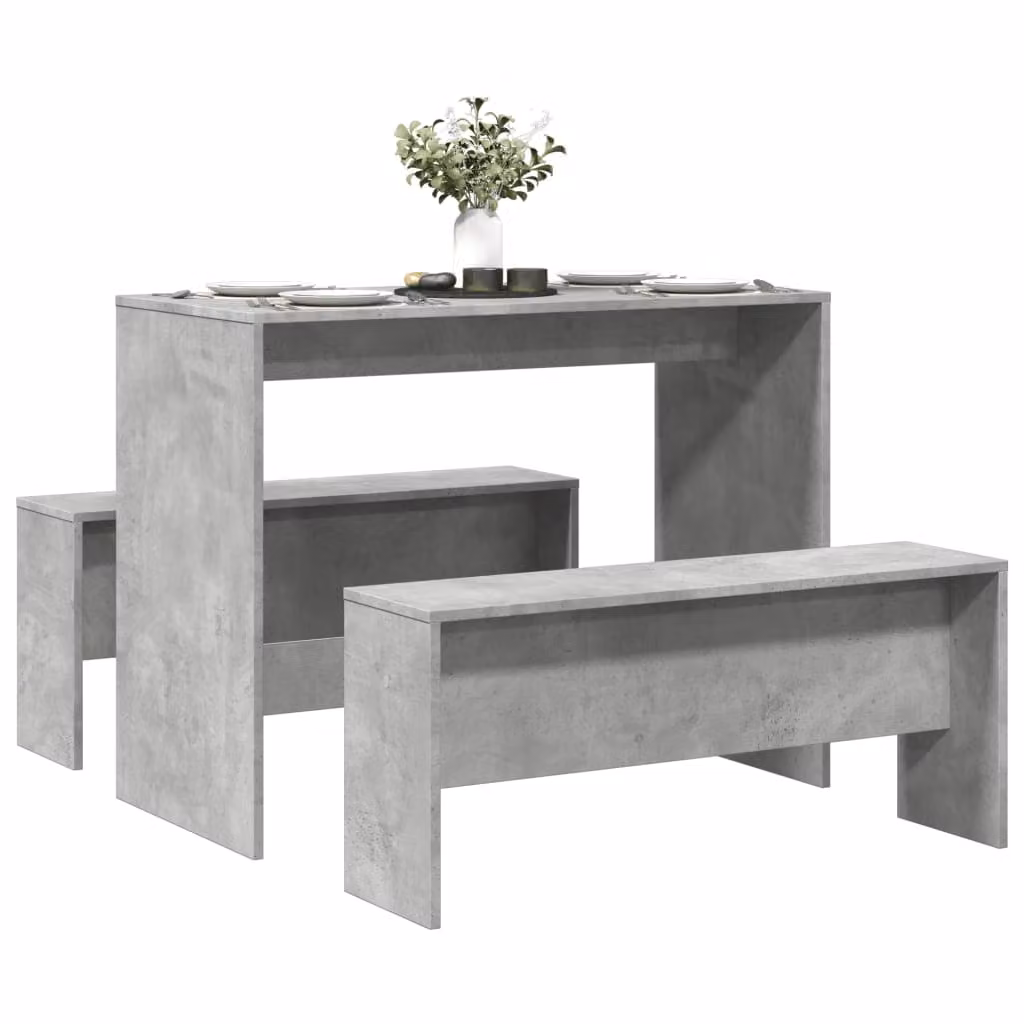 Set Tavolo da Pranzo e 2 Panche vidaXL in Stile Industrial, Grigio Cemento, in Truciolato e MDF