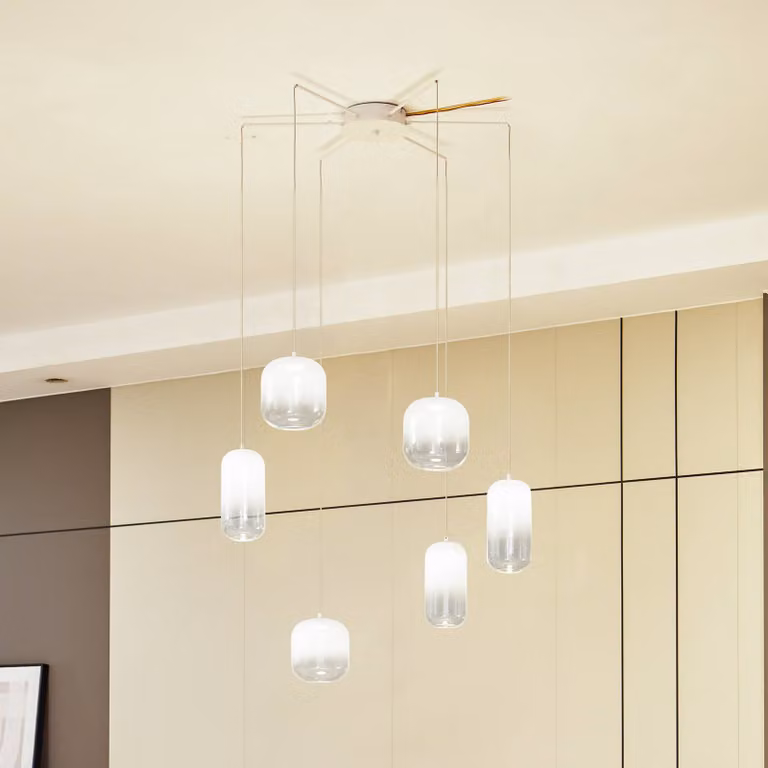 Lucande Lampada a sospensione LED Avelina, bianco, 6 luci Avelina, Bianco / Opale, Soggiorno / Sala da pranzo, Vetro, Moderno