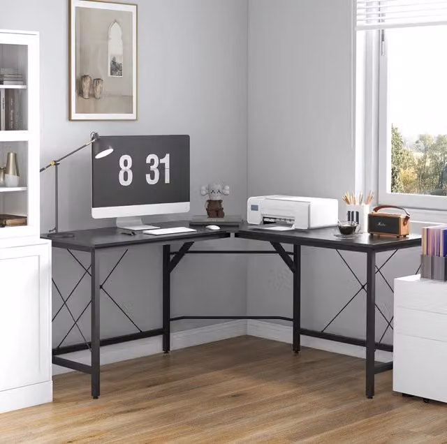Scrivania angolare a L 150x150x76 cm in MDF nero con struttura in acciaio per ufficio e home office