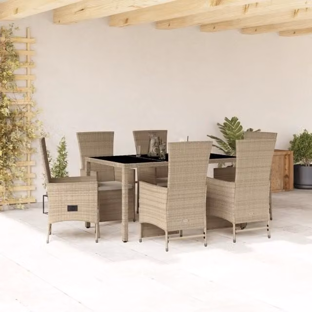 Set da Pranzo da Giardino 7 pz con Cuscini Beige in Polyrattan 3277576