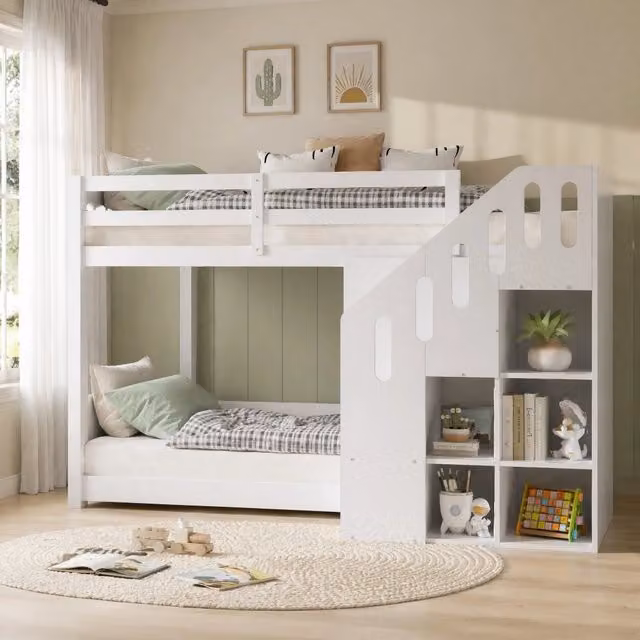Letto a castello per bambini 90x200 cm con scala contenitore e sponde; bianco
