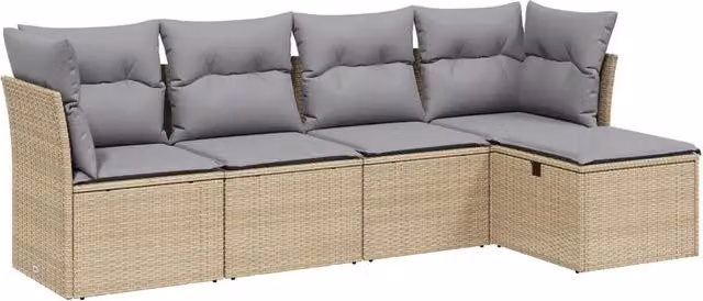 Set Divano da Giardino 5 pz | Set Salotto da Giardino con Cuscini Beige Misto Polyrattan