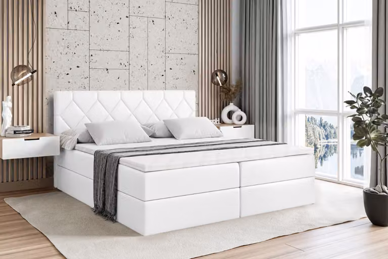Letto boxspring ALTDECOR con materasso H3 e topper - 180 x 200 cm - CATOR - Pelle finta bianca - Letto imbottito con contenitore e rete a doghe, letto con spazio contenitivo