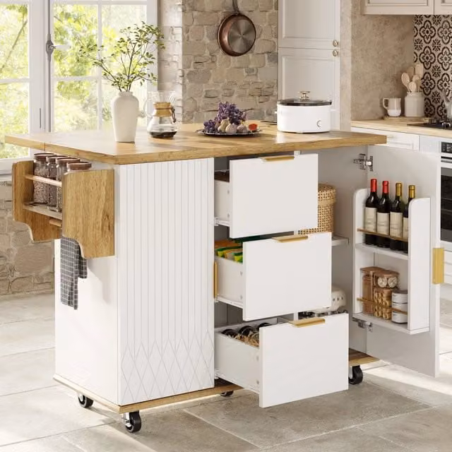 Carrello da Cucina con Piano Pieghevole e Presa Elettrica ¨C MINIMAL ¨C Bianco effetto legno, con Ruote, 70kg