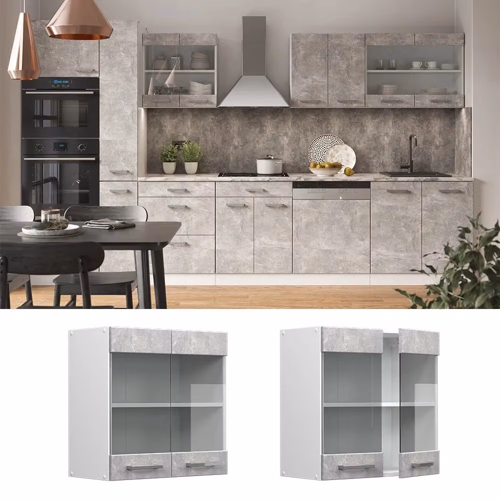 Pensile da cucina moderno Vicco R-Line con ante in vetro, colore bianco e grigio, L: 60 cm – 2