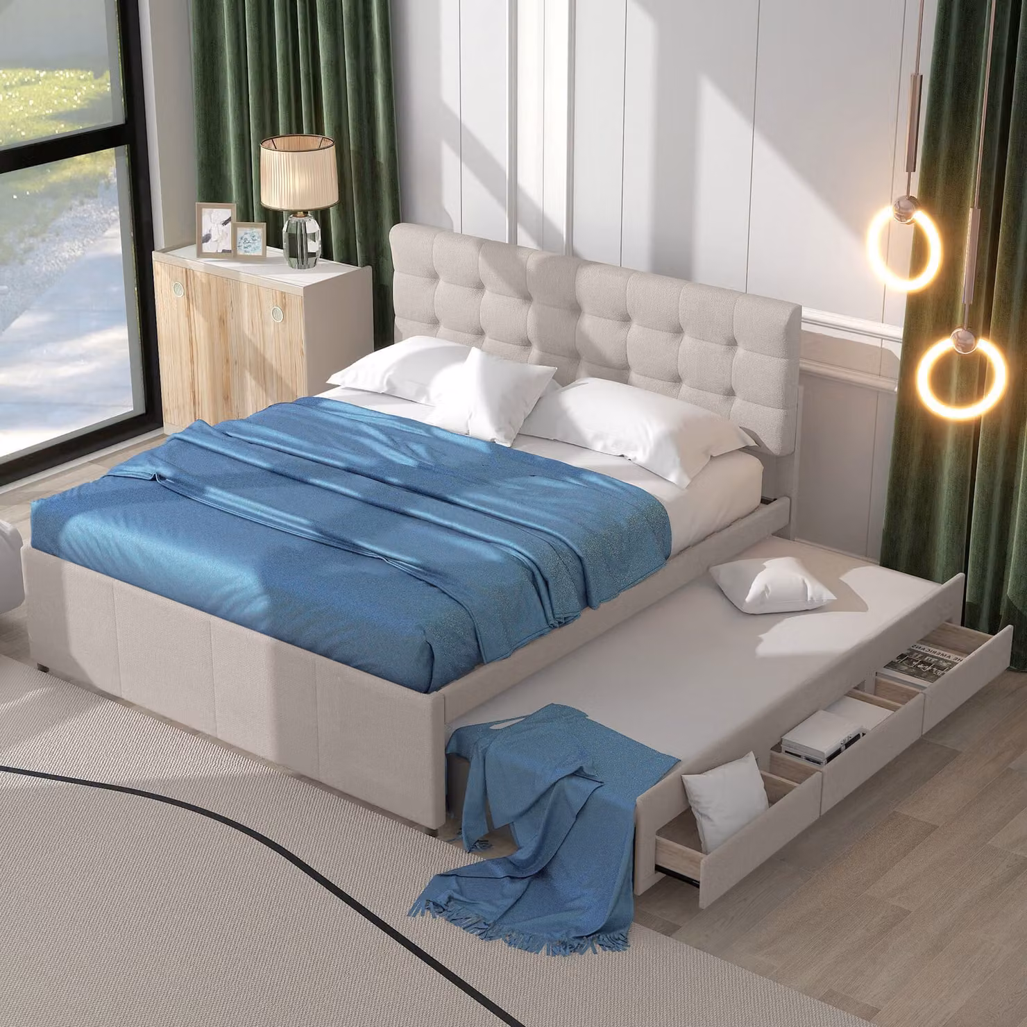 Letto imbottito Merax 140x200cm con testata regolabile in altezza, 3 cassetti con sottopiano 90x190cm, letto matrimoniale contenitore di biancheria, beige