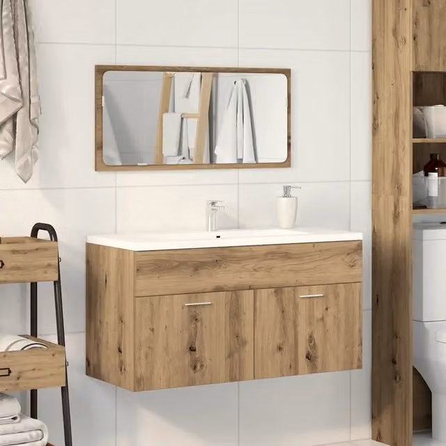 Armadietto da bagno con specchio Design Mania in legno rovere marrone, sospeso, con ante a battente e finitura opaca, H 90 cm x L 46 cm x P 38,5 cm – 1