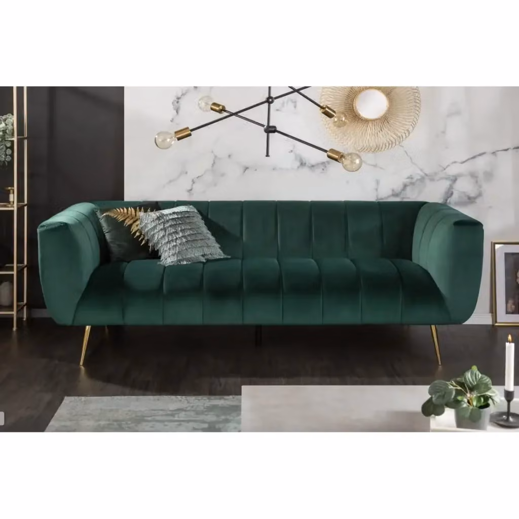 Divano moderno Meublorama in velluto verde e oro con struttura in legno e metallo – 2