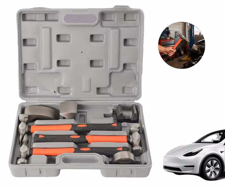 Kit di riparazione carrozzeria, acciaio forgiato, 7 pezzi, tipi di martelli: standard e per piegatura inversa, supporti: curvi e universali, valigetta sagomata