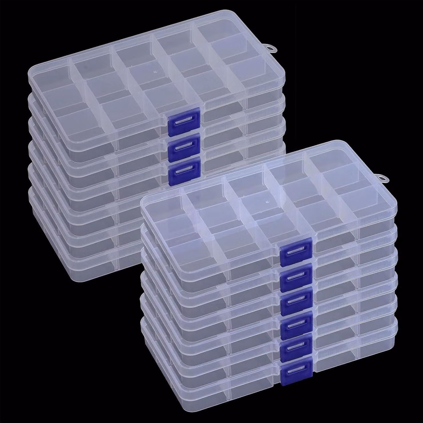 Contenitori portaoggetti con 15 scomparti, confezione da 12, dimensioni 17,3 x 9,8 x 2,3 cm, ideali per piccoli oggetti